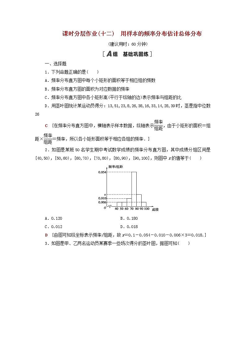 2020_2021学年高中数学课时分层作业12用样本的频率分布估计总体分布新人教A版必修3 练习01