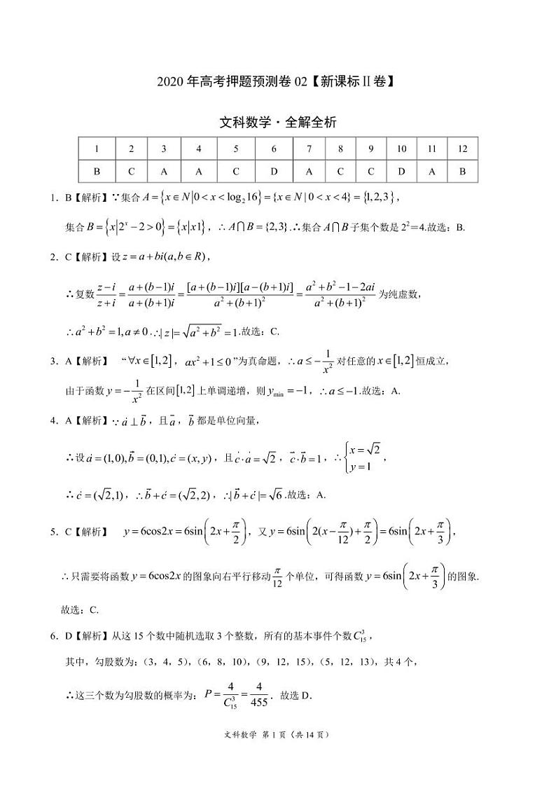 2020年高考押题预测卷02（新课标Ⅱ卷）-文科数学（全解全析）第1页