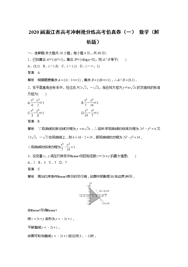 2020届浙江省高考冲刺抢分练高考仿真卷（一） 数学（解析版）01