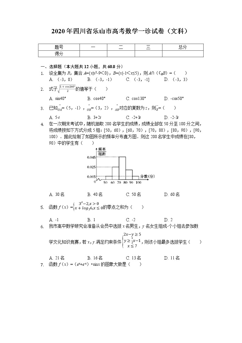 2020届四川省乐山市高考一诊模拟试卷数学（文科）（解析版）01