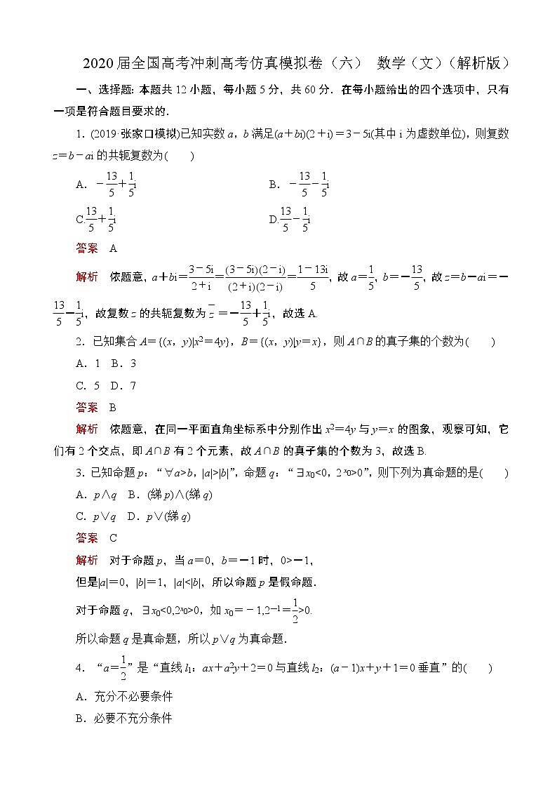 2020届全国高考冲刺高考仿真模拟卷（六） 数学（文）（解析版）第1页