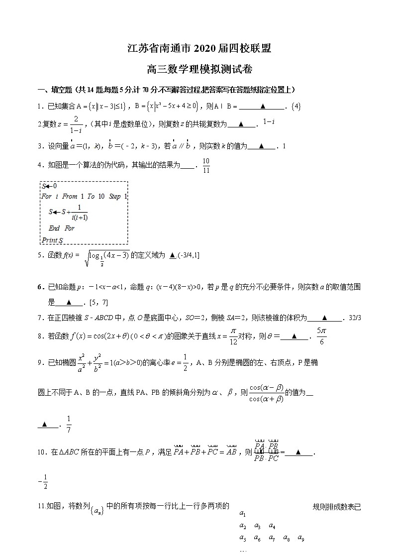 2020届江苏省南通市四校联盟高三下学期模拟测试数学理试题01