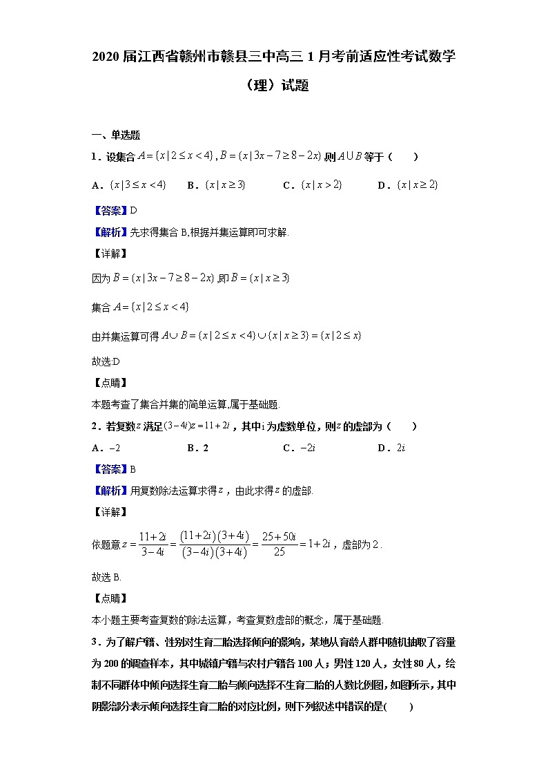 2020届江西省赣州市赣县三中高三1月考前适应性考试数学（理）试题（解析版）01