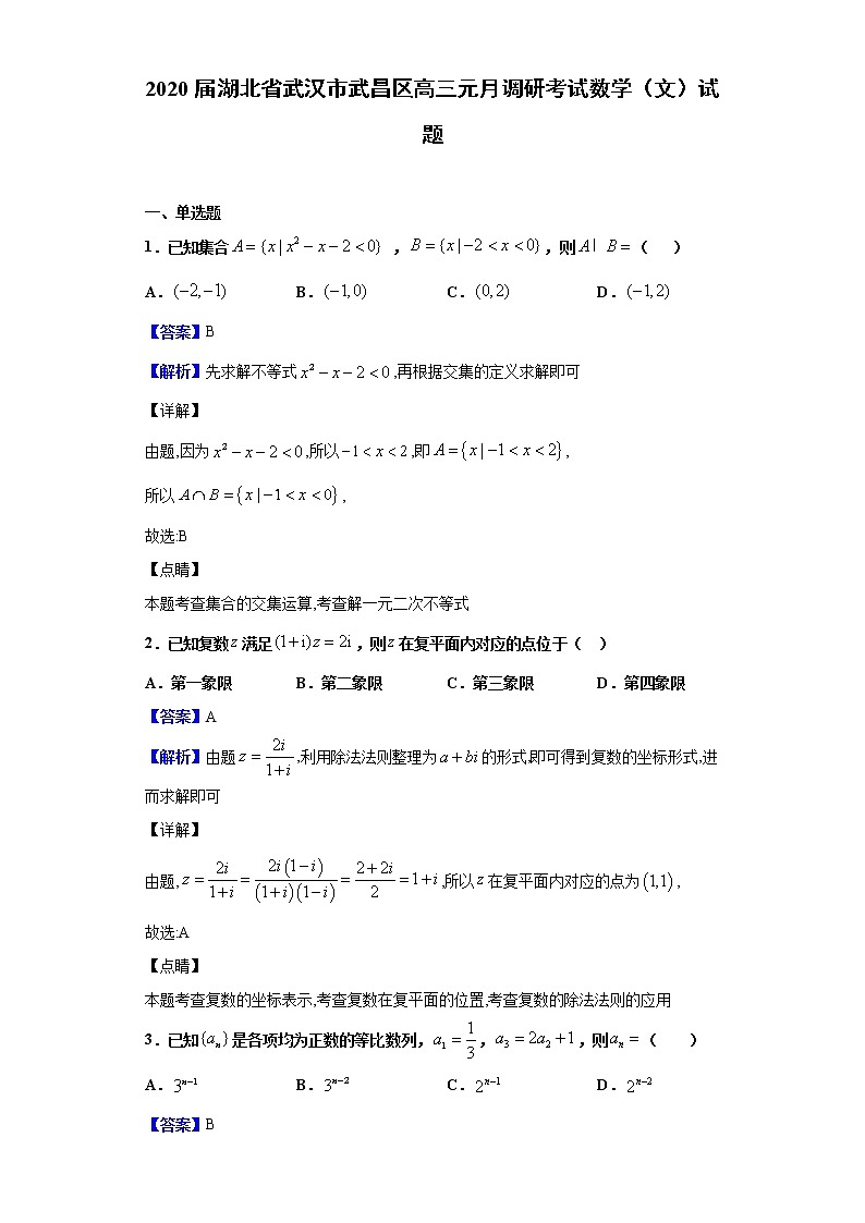 2020届湖北省武汉市武昌区高三元月调研考试数学（文）试题（解析版）01