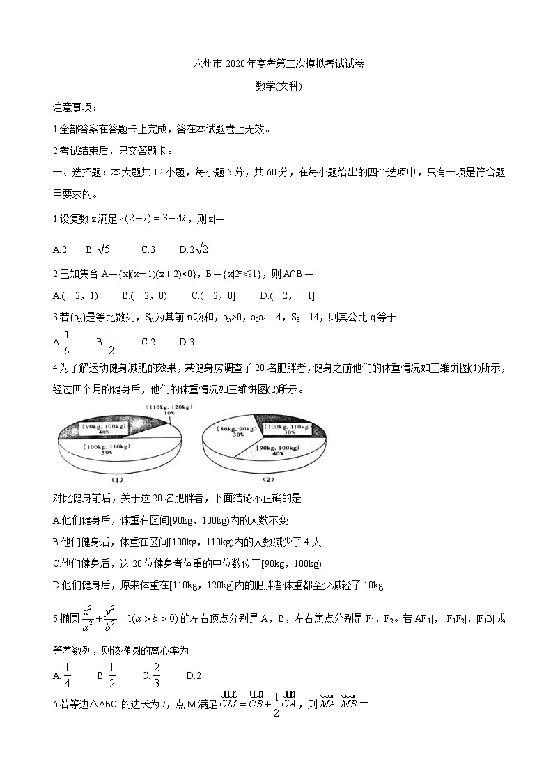 2020届湖南省永州市高三上学期第二次模拟考试 数学（文）01