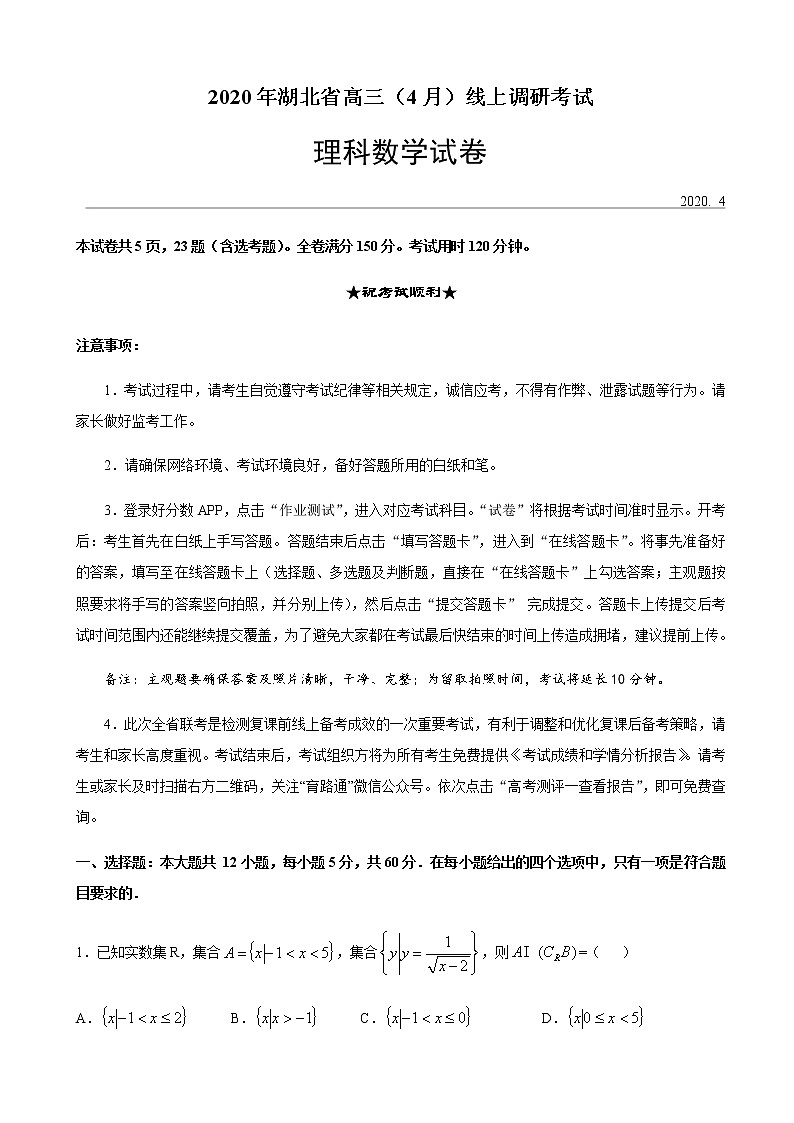 2020届湖北省高三年级4月线上调研考试数学（理）试题01