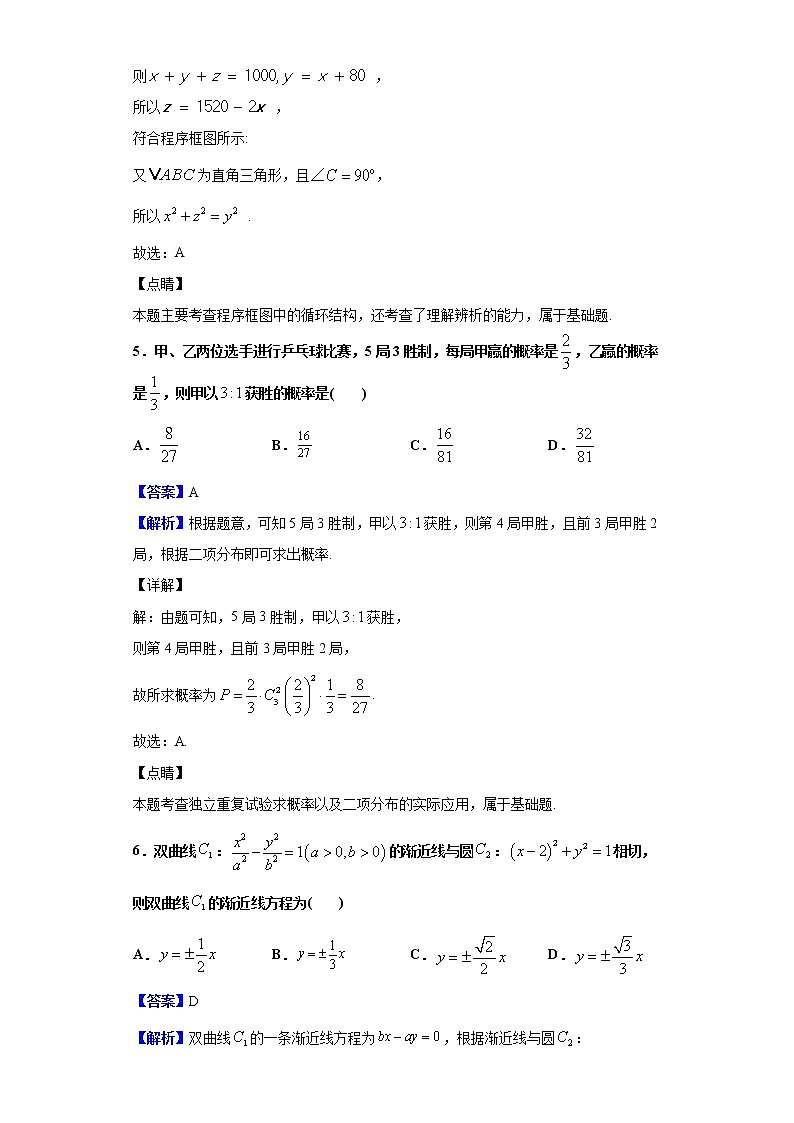 2020届百校联考高考百日冲刺金卷全国Ⅰ卷数学（理）（二）试题（解析版）03