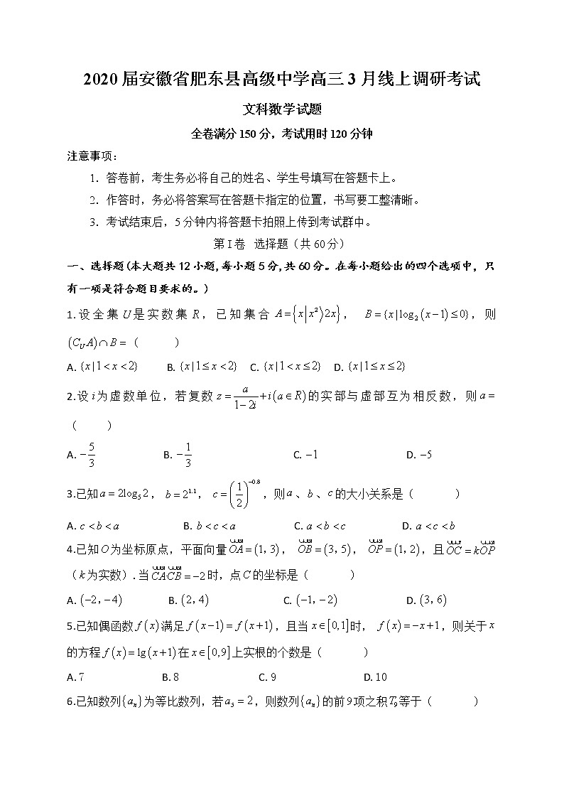 2020届安徽省肥东县高级中学高三3月线上调研考试数学（文）试题01