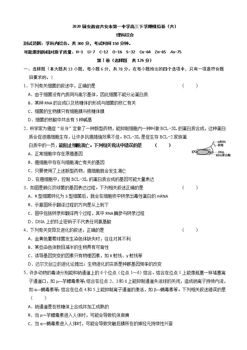 2020届安徽省六安市第一中学高三下学期模拟卷（六）理科综合试题01