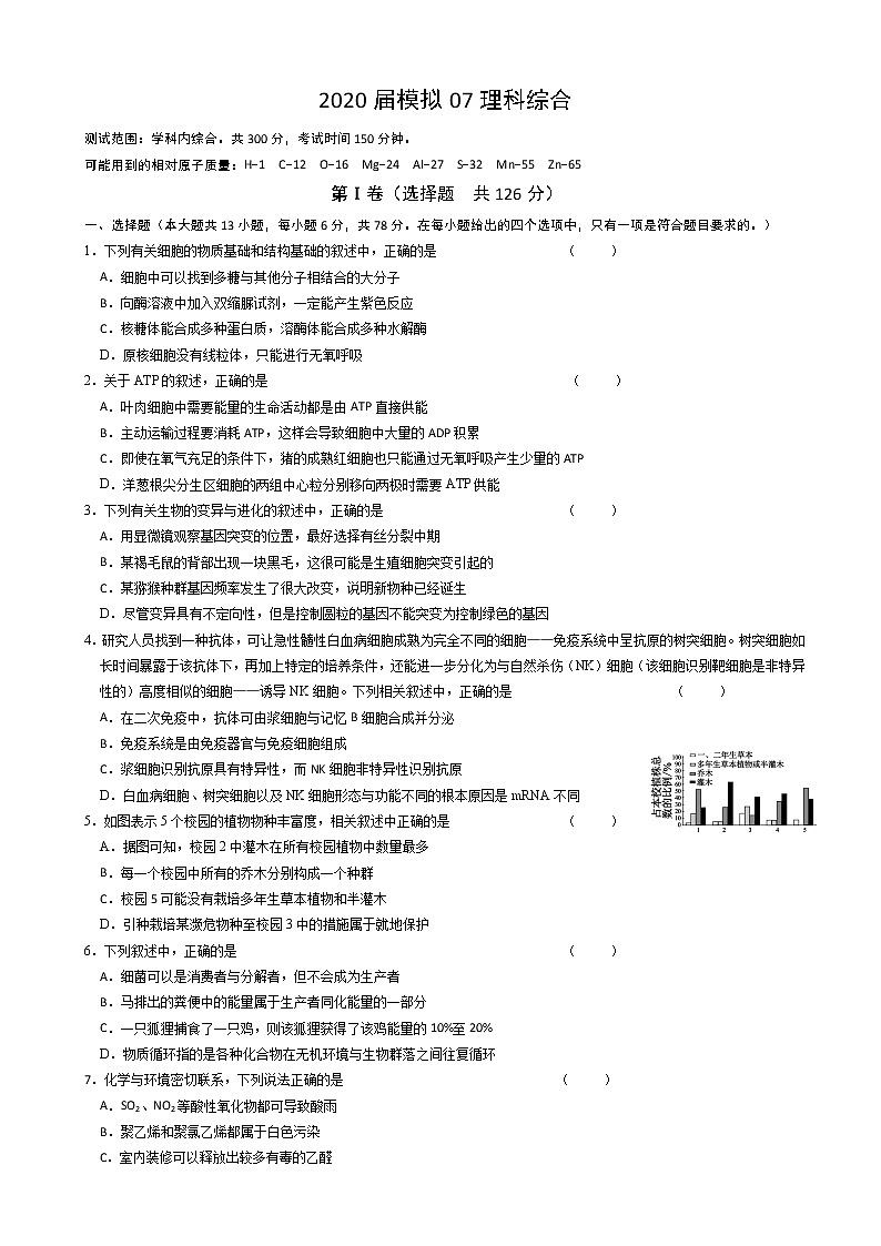 2020届安徽省六安市第一中学高三下学期模拟卷（七）理科综合试题01