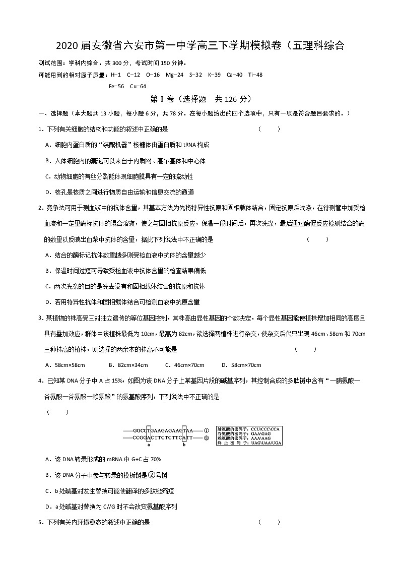 2020届安徽省六安市第一中学高三下学期模拟卷（五）理科综合试题01