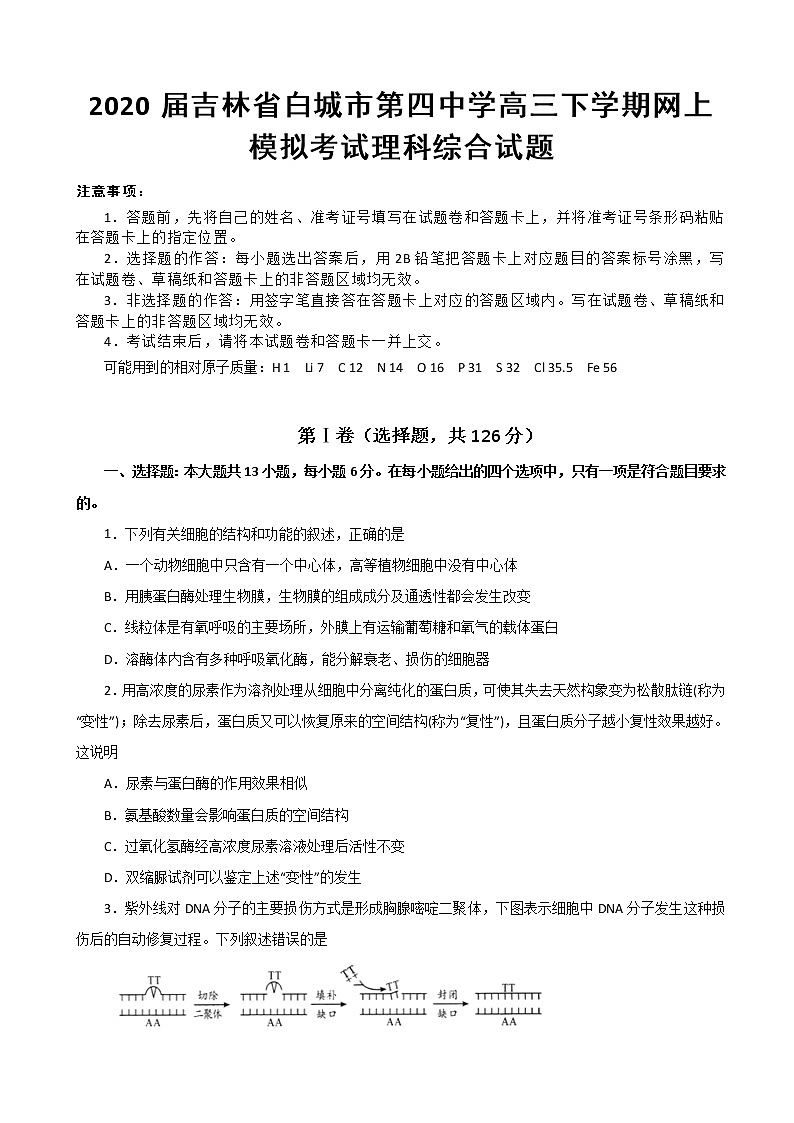 2020届吉林省白城市第四中学高三下学期网上模拟考试理科综合试题01