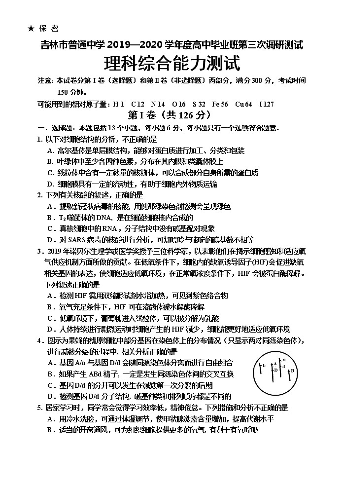 2020届吉林省吉林市高三第三次调研测试（4月） 理综01