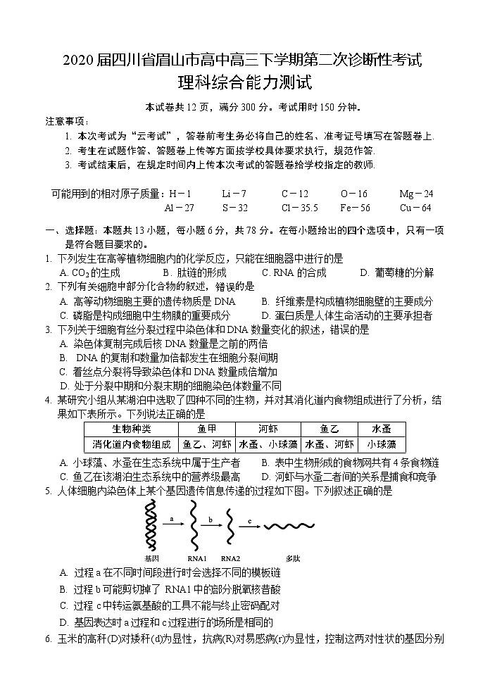 2020届四川省眉山市高中高三下学期第二次诊断性考试理科综合试题01