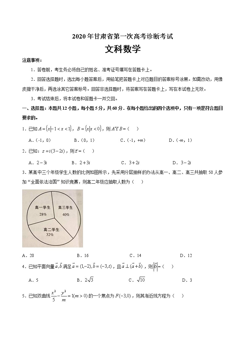 2020年甘肃省高三第一次高考诊断考试文科数学试题第1页