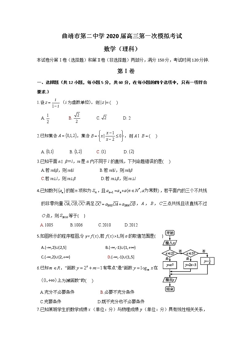 云南省曲靖市第二中学2020届高三第一次模拟考试数学（理）试题01