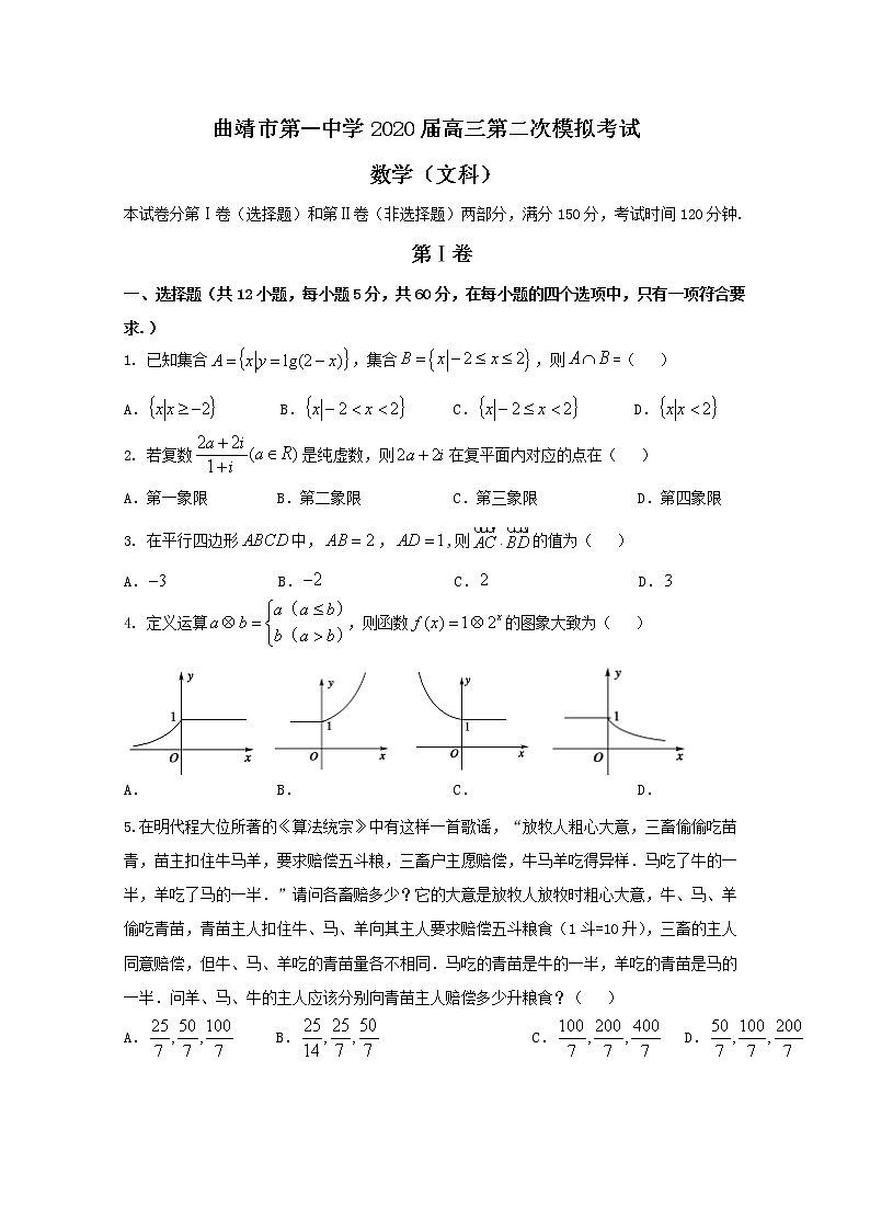 云南省曲靖市第一中学2020届高三模拟考试数学（文）试题01