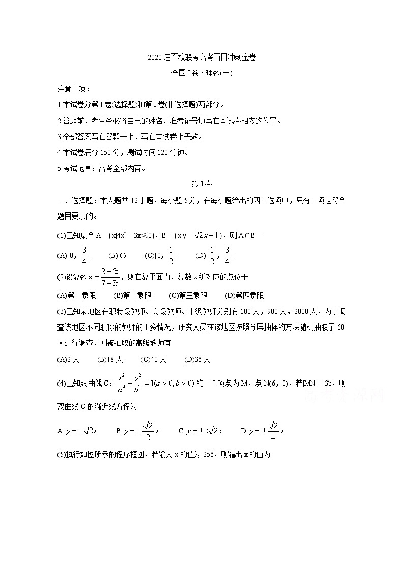 2020届百校联考高考百日冲刺金卷全国Ⅰ卷 数学（理）（一）01
