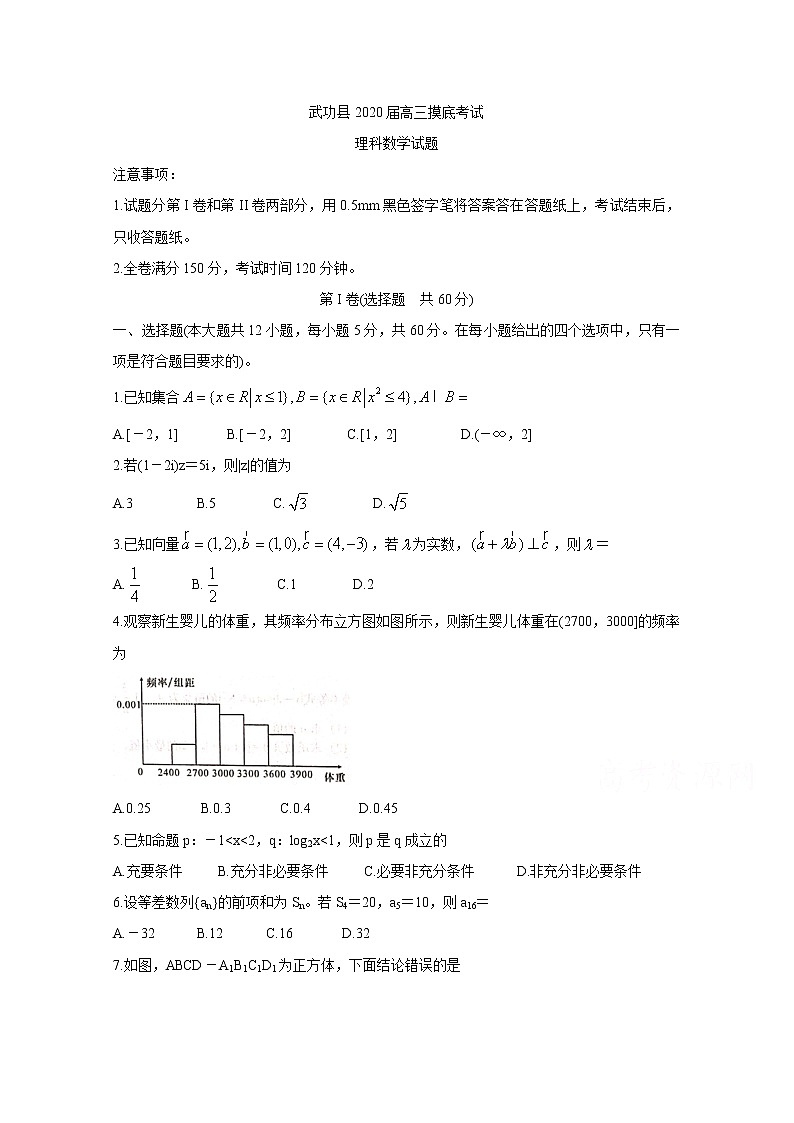 陕西省咸阳市武功县2020届高三上学期第一次模拟考试 数学（理）01
