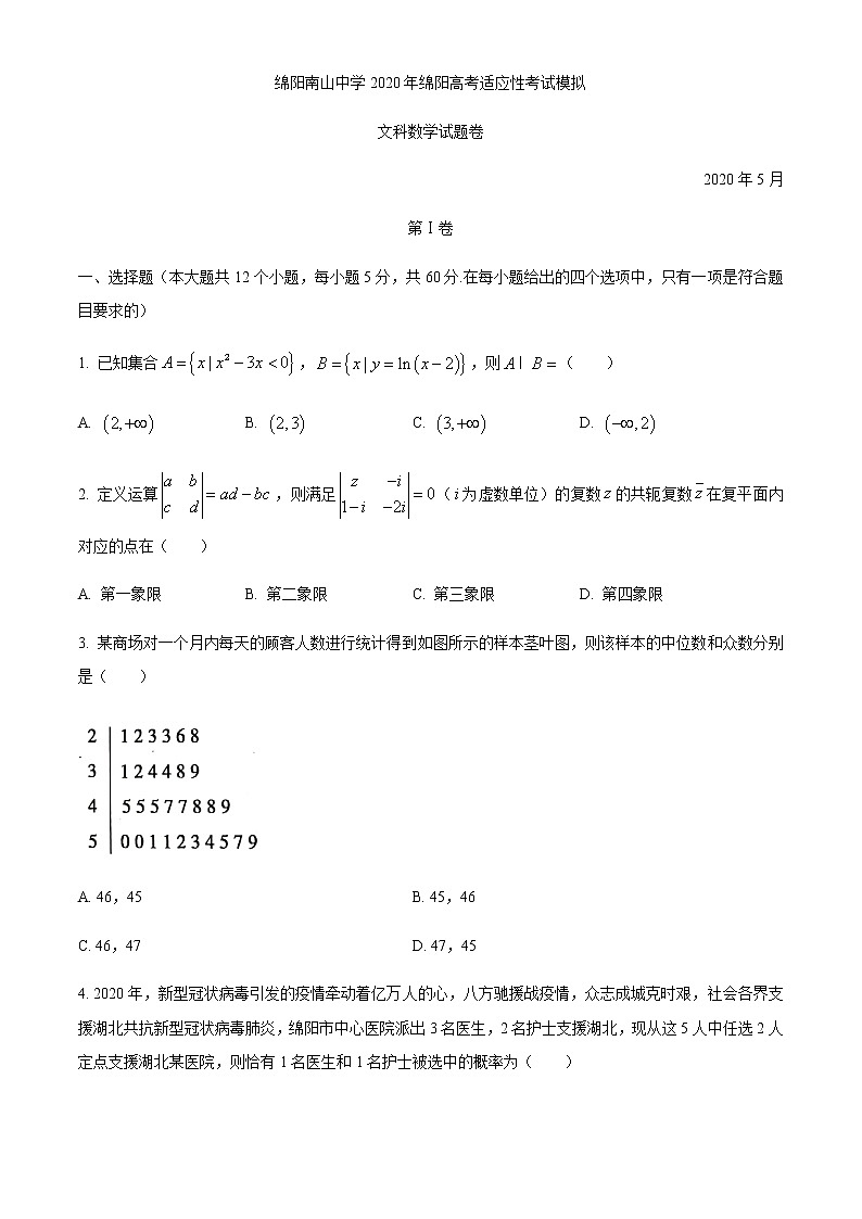 四川省绵阳南山中学2020届高三下学期第四次诊断模拟数学（文）试题01