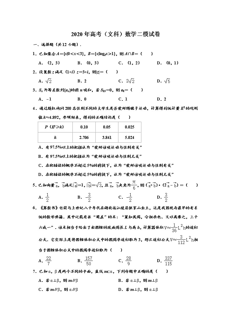 宁夏石嘴山市2020届高三模拟数学（文）试题01