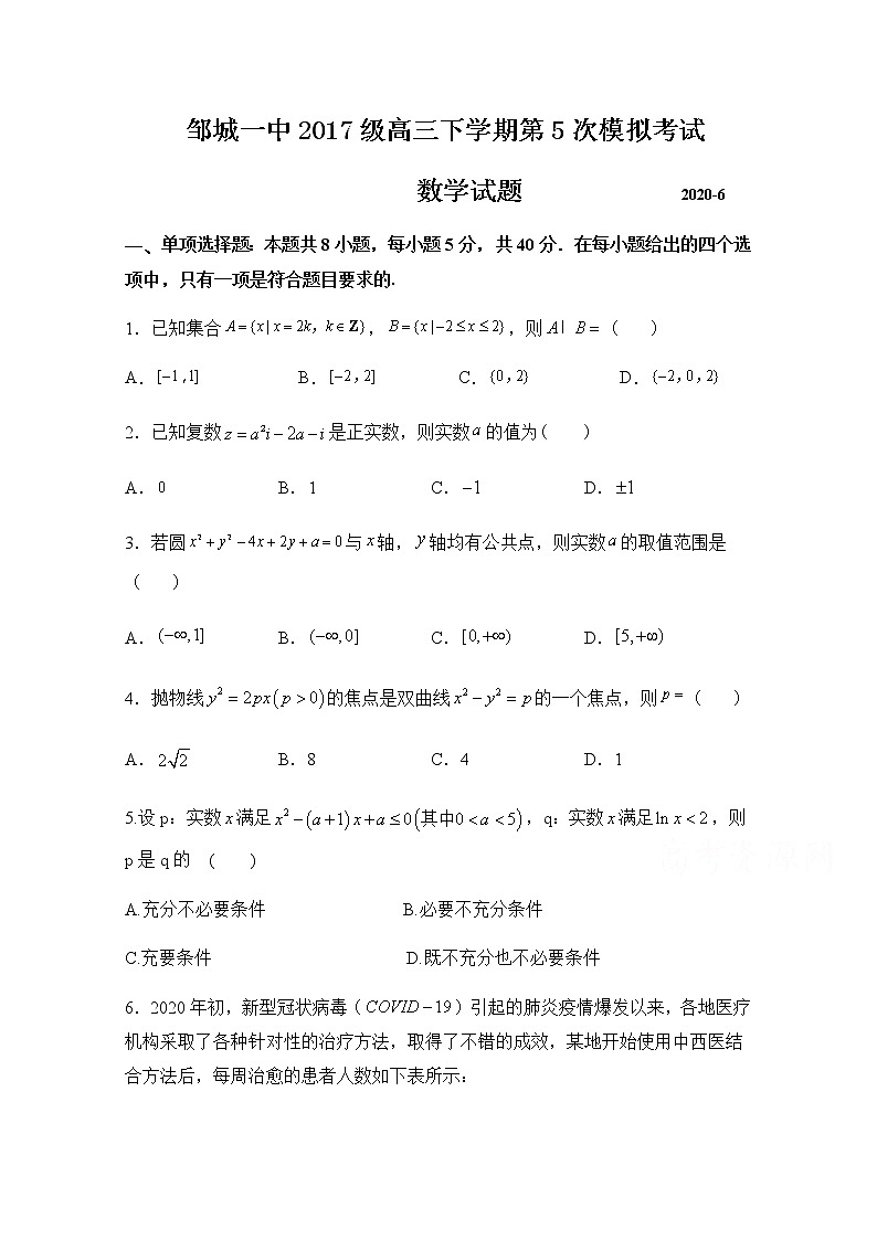 山东省济宁邹城市第一中学2020届高三下学期第五次模拟考试数学试题01