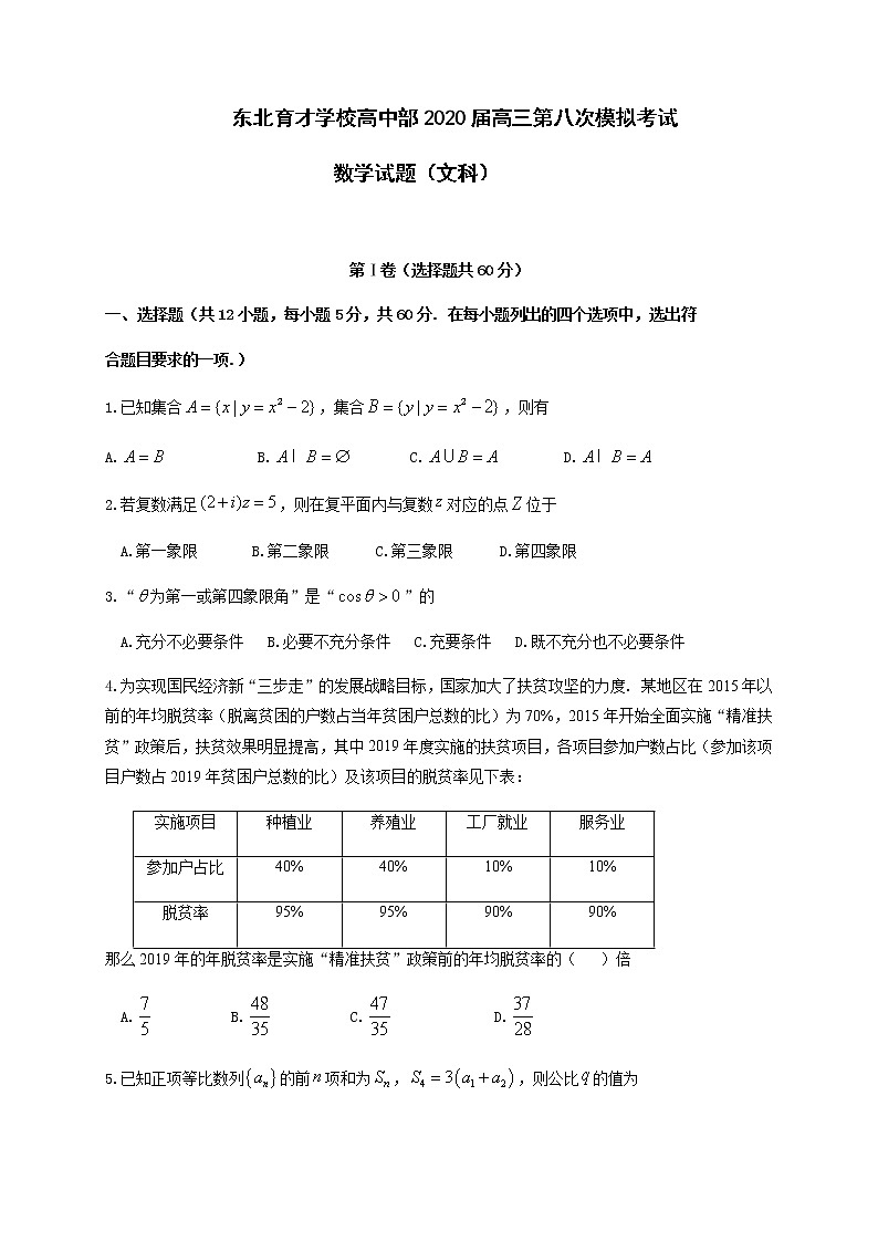 辽宁省沈阳市东北育才学校高中部2020届高三第八次模拟考试数学（文）试题01