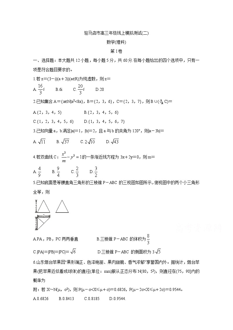 河南省驻马店市2020届高三线上模拟测试（二） 数学（理）01
