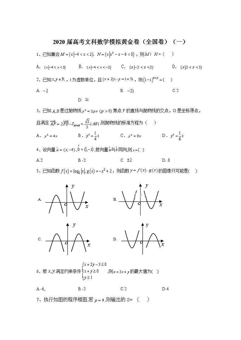 2020届高考文科数学模拟黄金卷（全国卷）（一）01