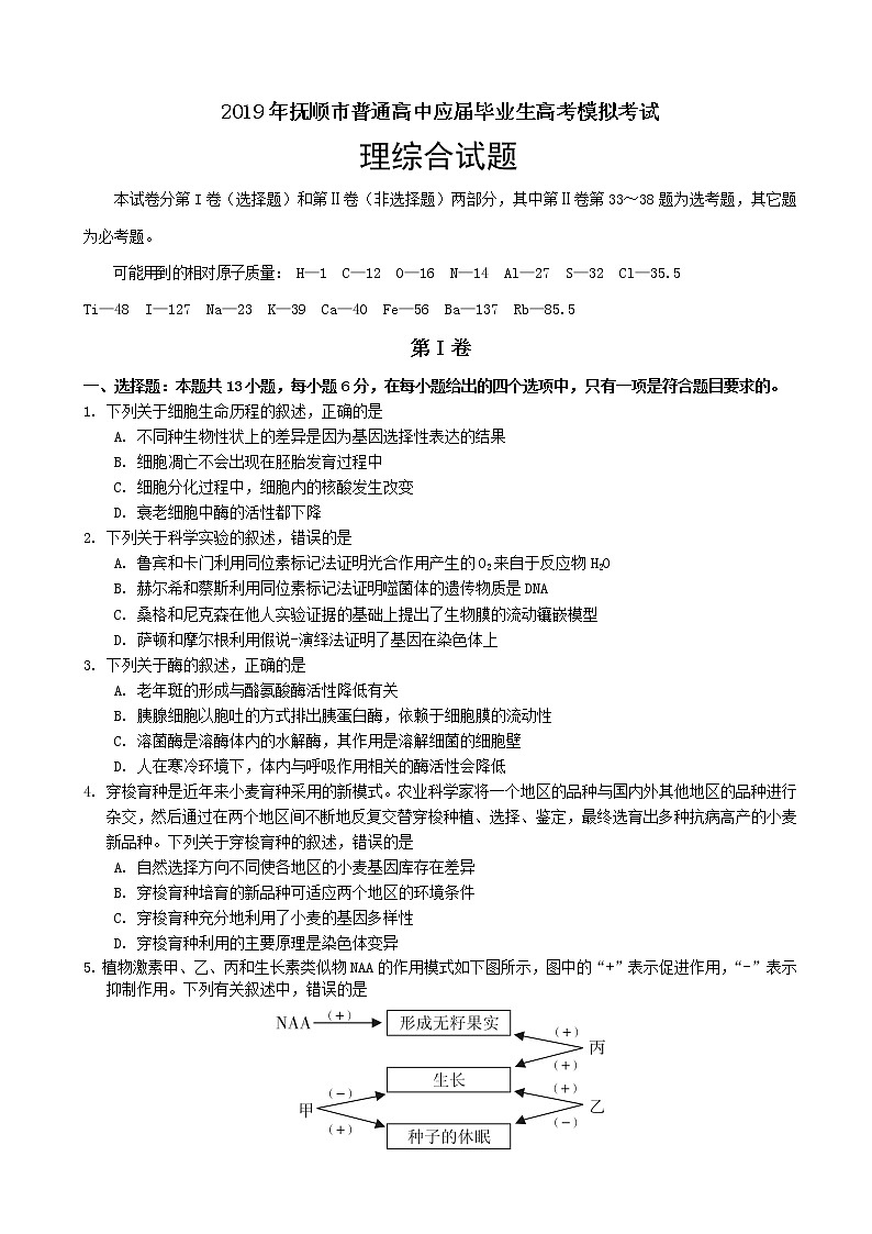 2019届辽宁省抚顺市高三第一次模拟考试理综试题01