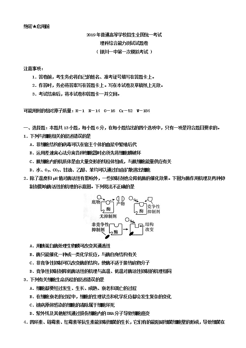 2019届宁夏银川一中高三第一次模拟考试理科综合试题（word版）第1页
