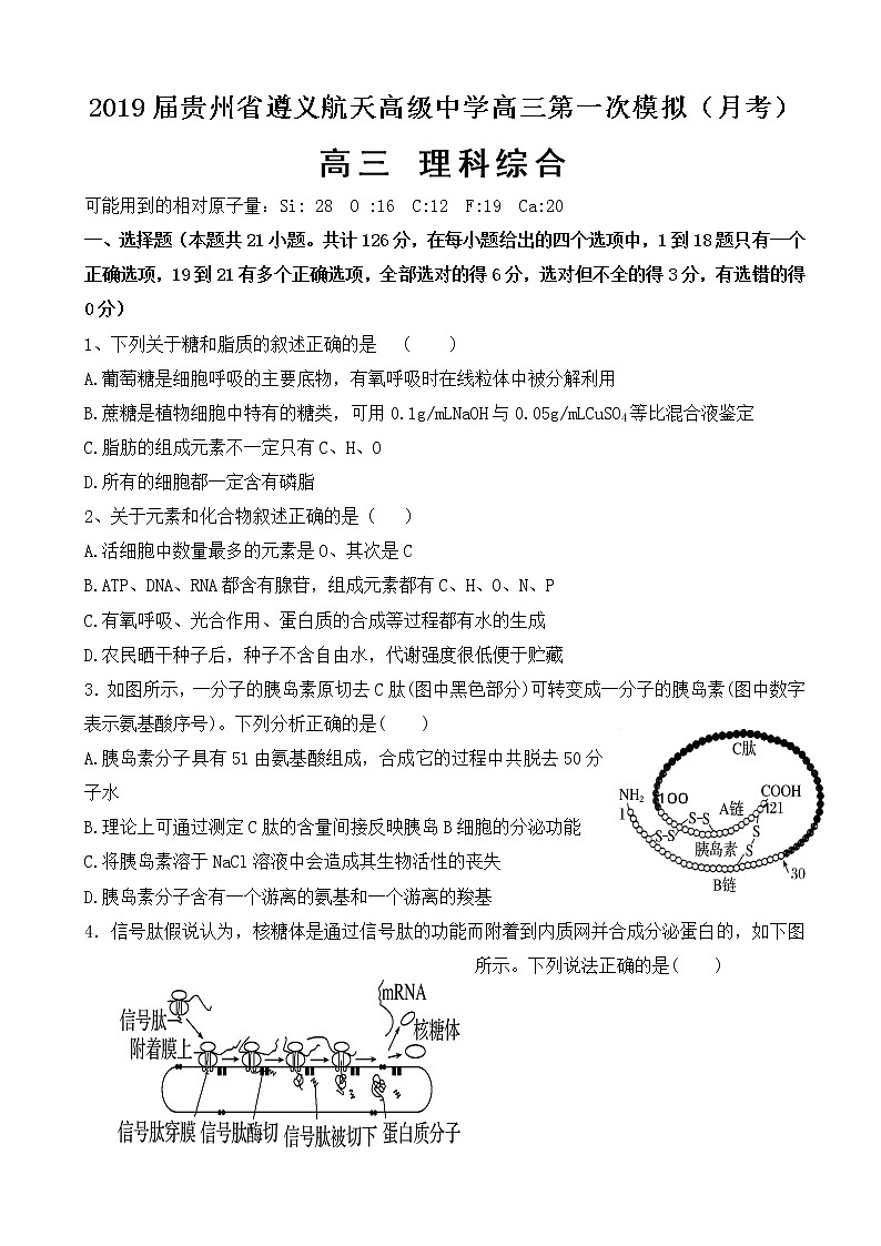 2019届贵州省遵义航天高级中学高三第一次模拟（月考）考试理科综合试题01
