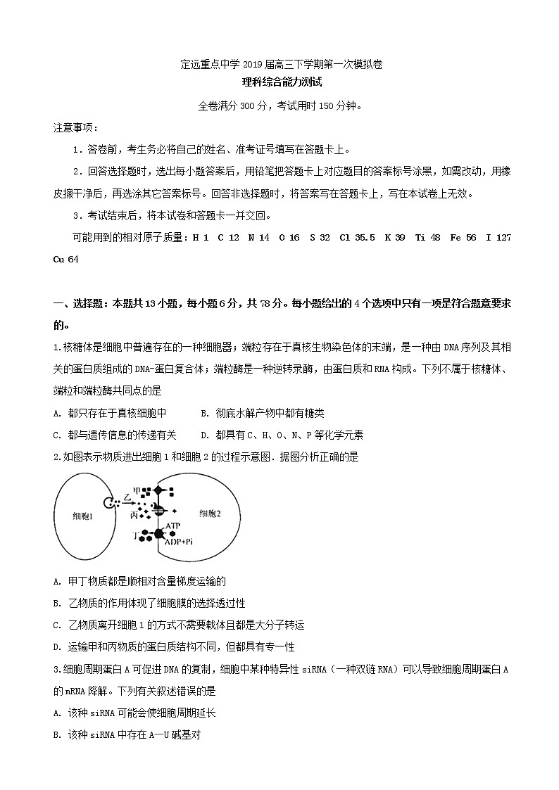 2019届安徽省定远重点中学高三下学期第一次模拟考试理科综合试题（word版）01