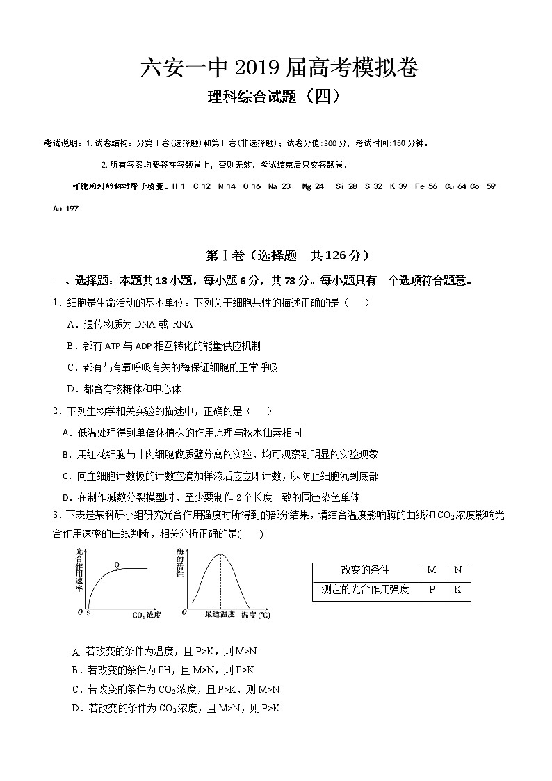 2019届安徽省六安市第一中学高三高考模拟（四）理科综合试题01