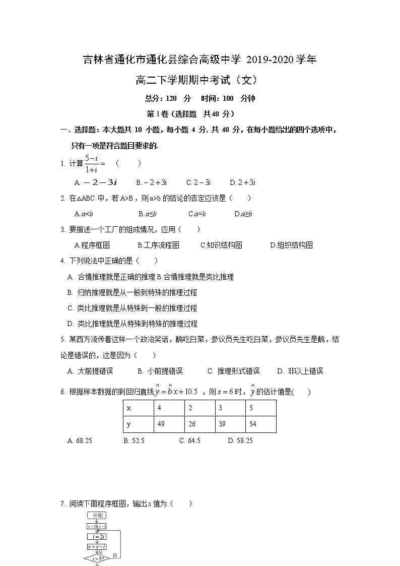 【数学】吉林省通化市通化县综合高级中学2019-2020学年高二下学期期中考试（文）01