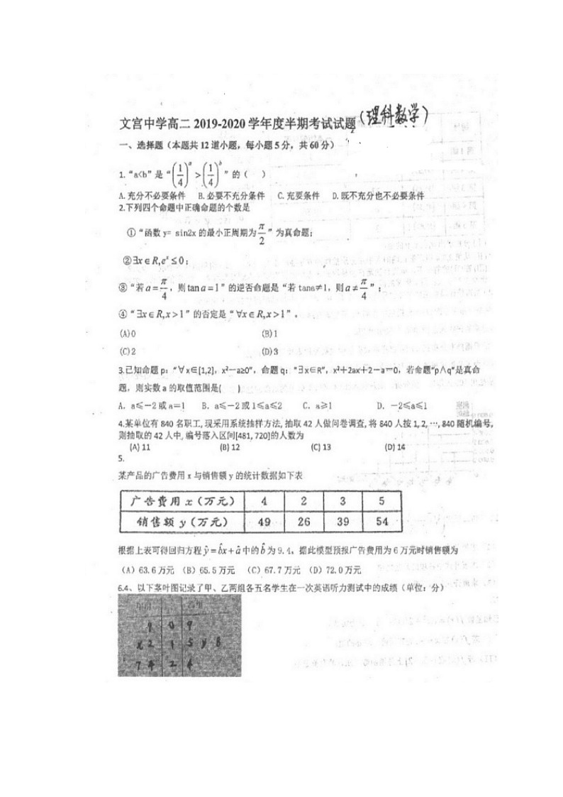 【数学】四川省仁寿县文宫中学2019-2020学年高二6月月考（期中）（理）第1页