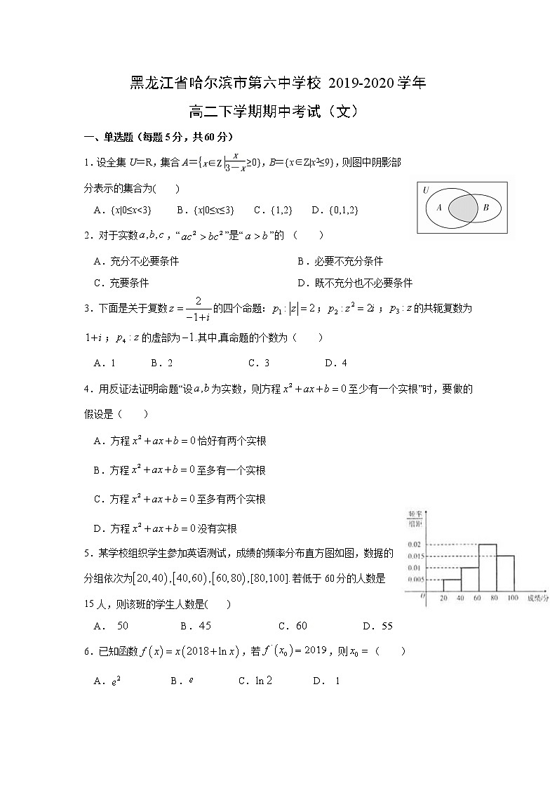 【数学】黑龙江省哈尔滨市第六中学校2019-2020学年高二下学期期中考试（文）01