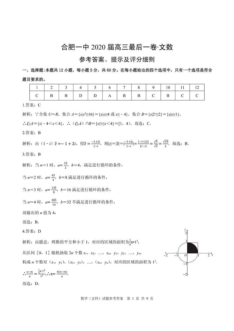 2020合肥一中最后一卷文数试题 答案第1页