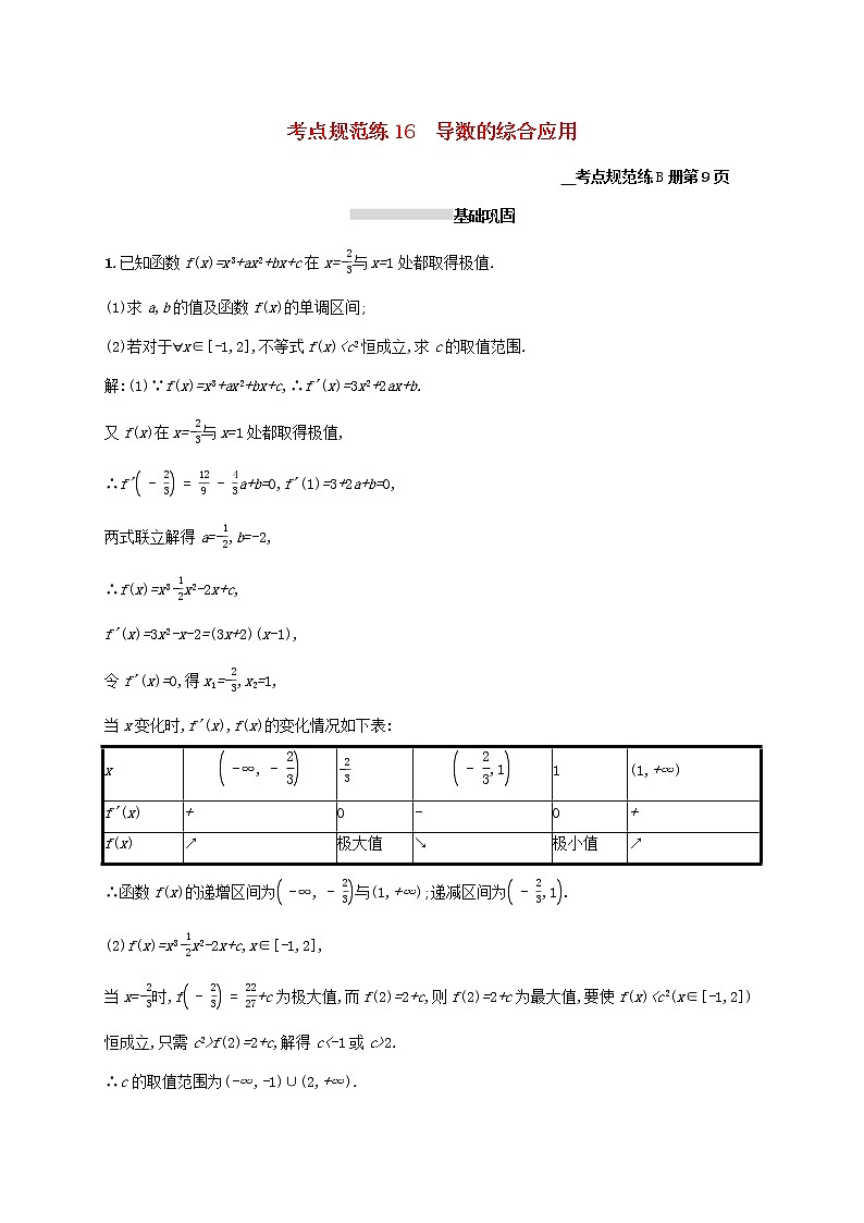 2021高考数学大一轮复习考点规范练16导数的综合应用理新人教A版01
