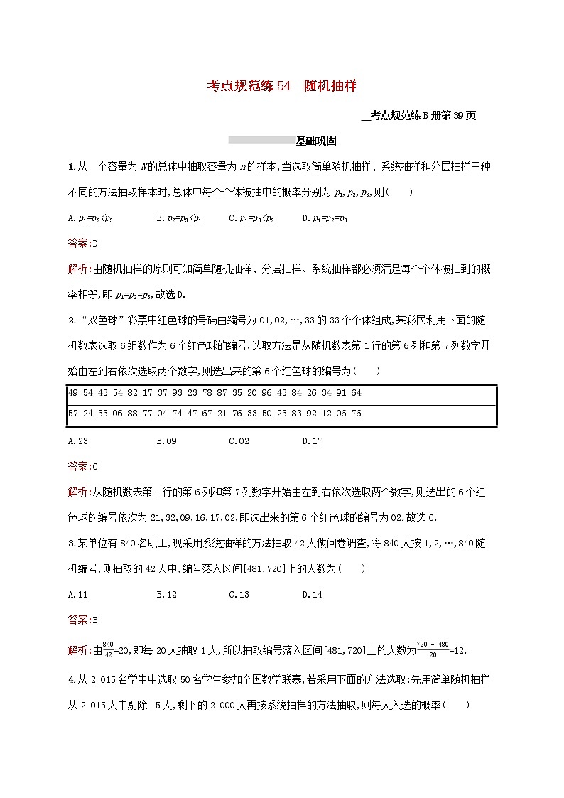 2021高考数学大一轮复习考点规范练54随机抽样理新人教A版01