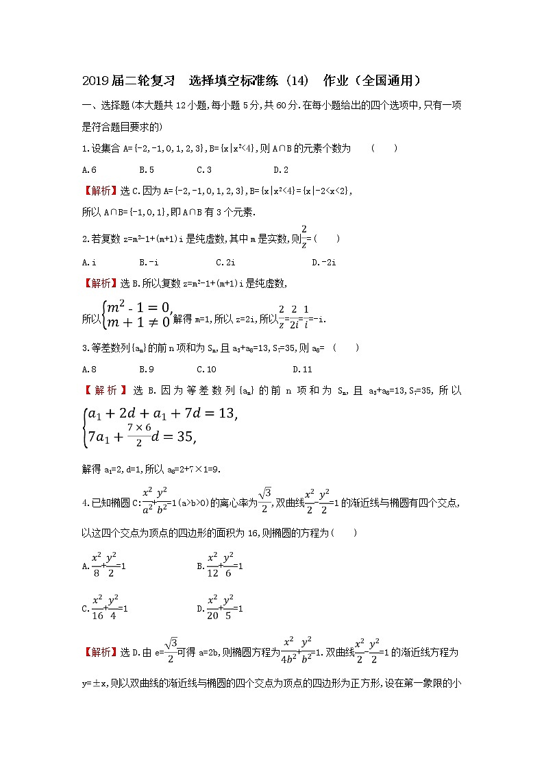 2019届二轮复习选择填空标准练(14)作业（全国通用）01