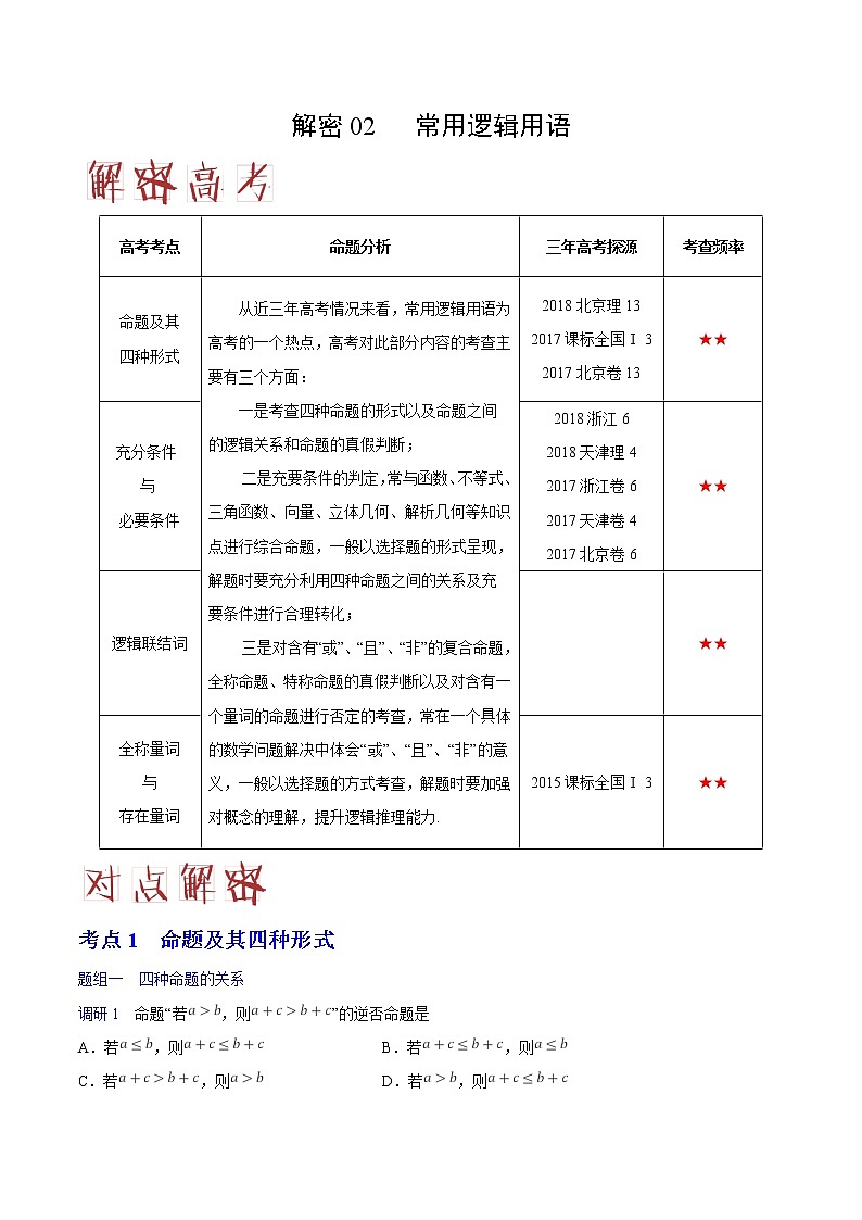 2019届二轮复习常用逻辑用语学案（全国通用）01
