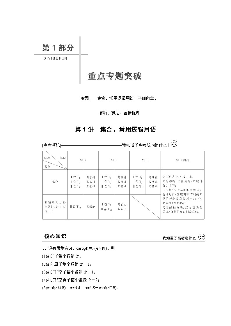 2019届二轮复习　集合、常用逻辑用语、平面向量学案（全国通用）第1页