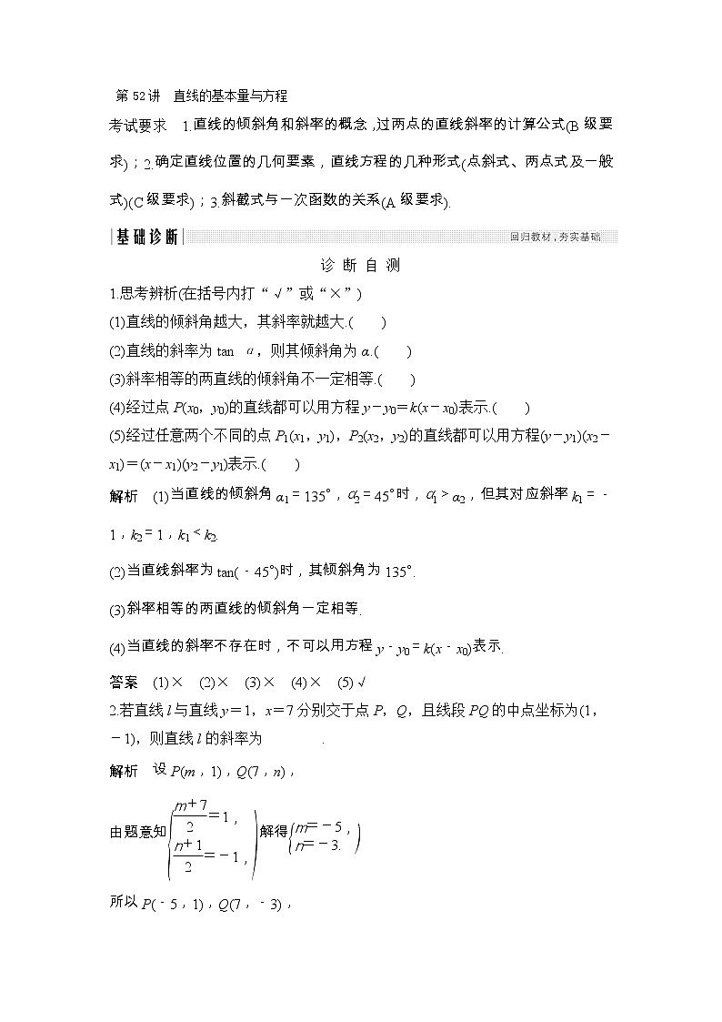 2019届二轮复习（理）第九章第52讲　直线的基本量与方程学案（江苏专用）01