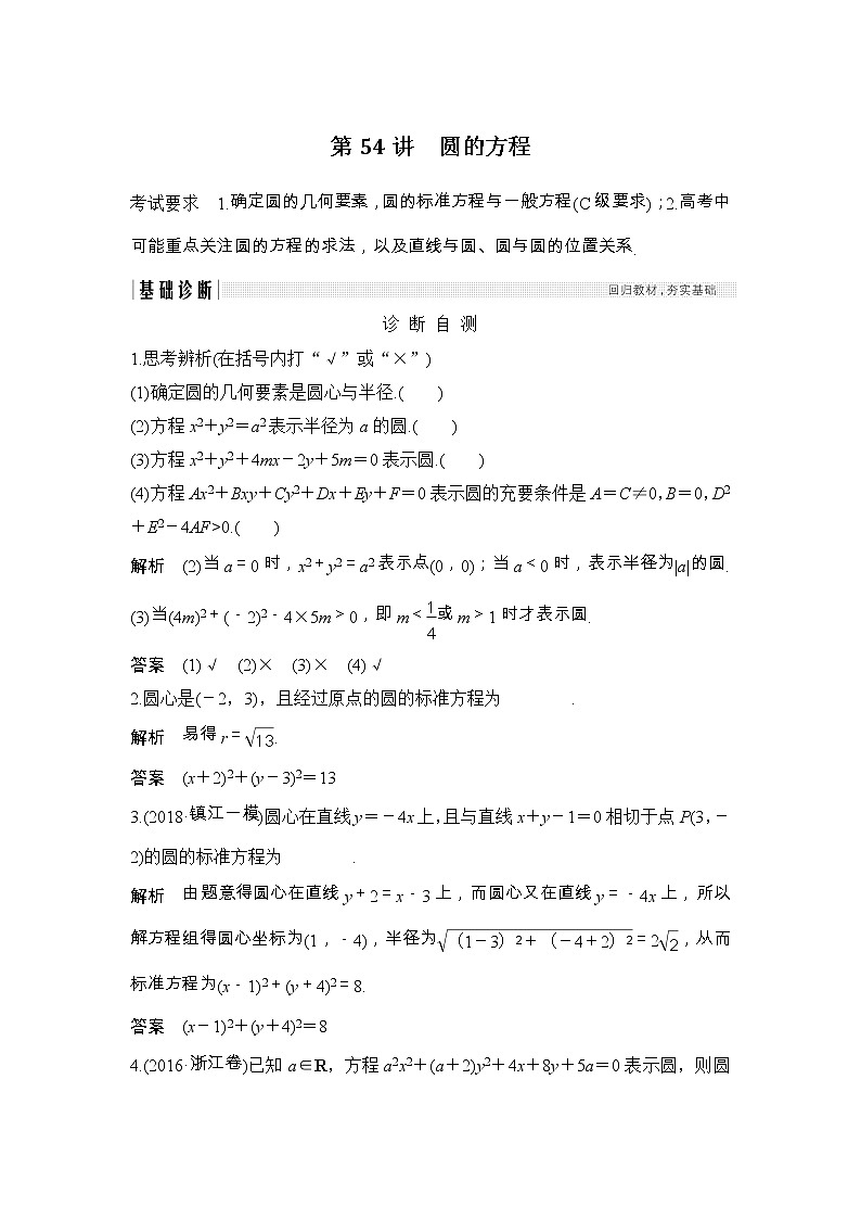 2019届二轮复习（理）第九章第54讲　圆的方程学案（江苏专用）01