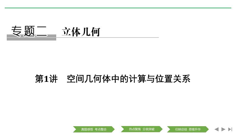 2019届二轮复习第1讲　空间几何体中的计算与位置关系课件（45张）（全国通用）01