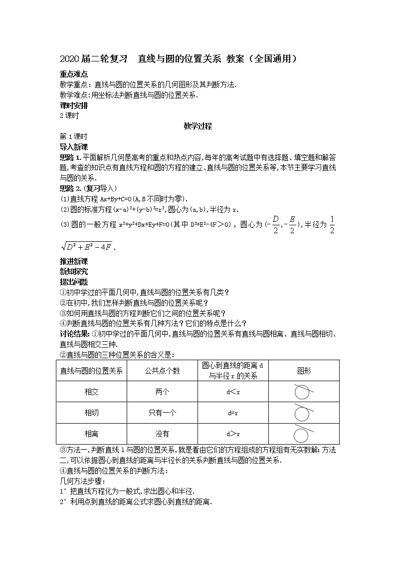 2020届二轮复习直线与圆的位置关系教案（全国通用）01