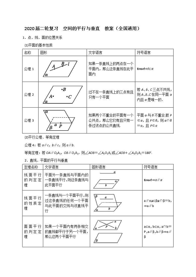 2020届二轮复习空间的平行与垂直教案（全国通用）01
