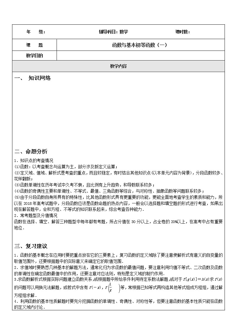 2020届二轮复习函数与基本初等函数学案（全国通用）01