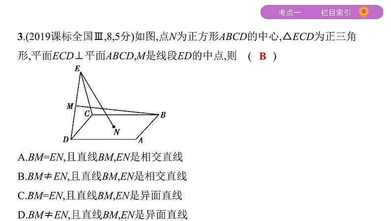 2020届二轮复习（文）专题三第2讲　空间点、直线、平面之间的位置关系课件（75张）06